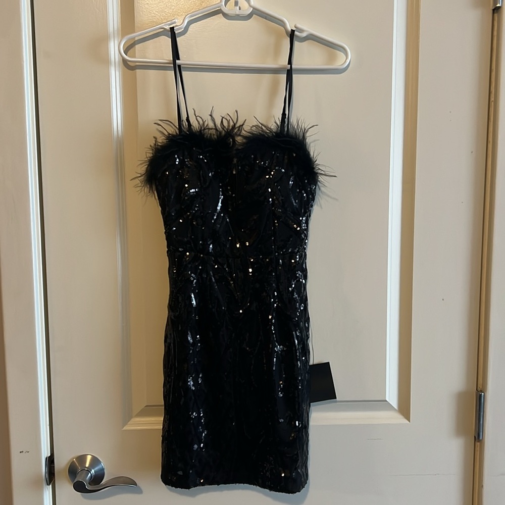 Lulus Shining Presence Black Sequin Feather Bodycon Mini Dress - Picture 5 of 7